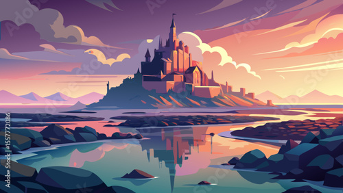 Medieval abbey rises from misty tidal flats. Layers of stone glowing under pastel sky, light reflecting from shallow water, timeless island silhouette against a fading sun.

