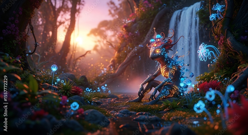Fototapeta premium Luminescent Nymph: Bio-luminescent Flora & Fauna at Sunset Waterfall