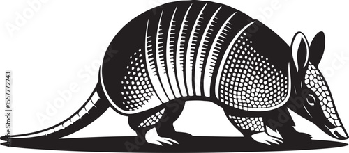 An isolated vector illustration of a cartoon dinosaur with a red armadillo pattern on a black sphere object