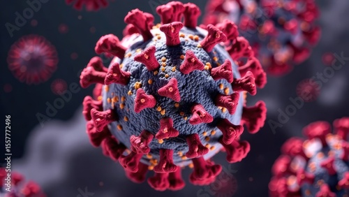 Close-up of coronavirus bacteria model, microvirus on black virus background. Worldwide pandemic and fight against COVID 19 virus. Coronavirus outbreak and coronaviruses influenza concept
