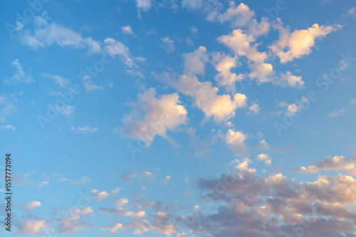 Fototapeta Naklejka Na Ścianę i Meble -  blue sky with scattered cumulus clouds illuminated by soft sunlight