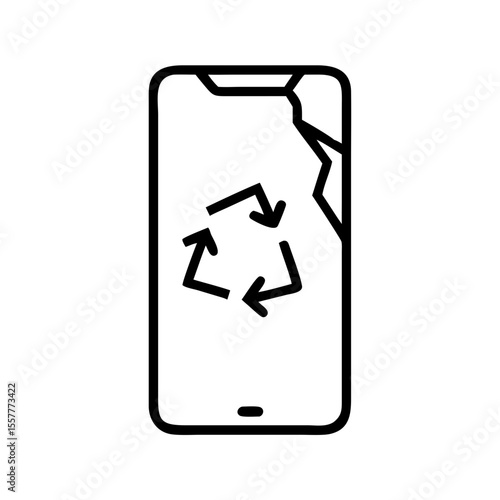 Smartphone with cracked screen and recycling symbol, minimalist style, transparent background, copy space