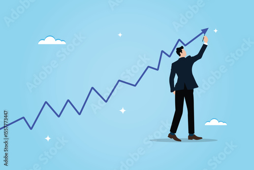 A businessman is drawing a graph of the financial growth of a business. Concept illustration of business growth or progress. Strategy ideas for achieving success.
