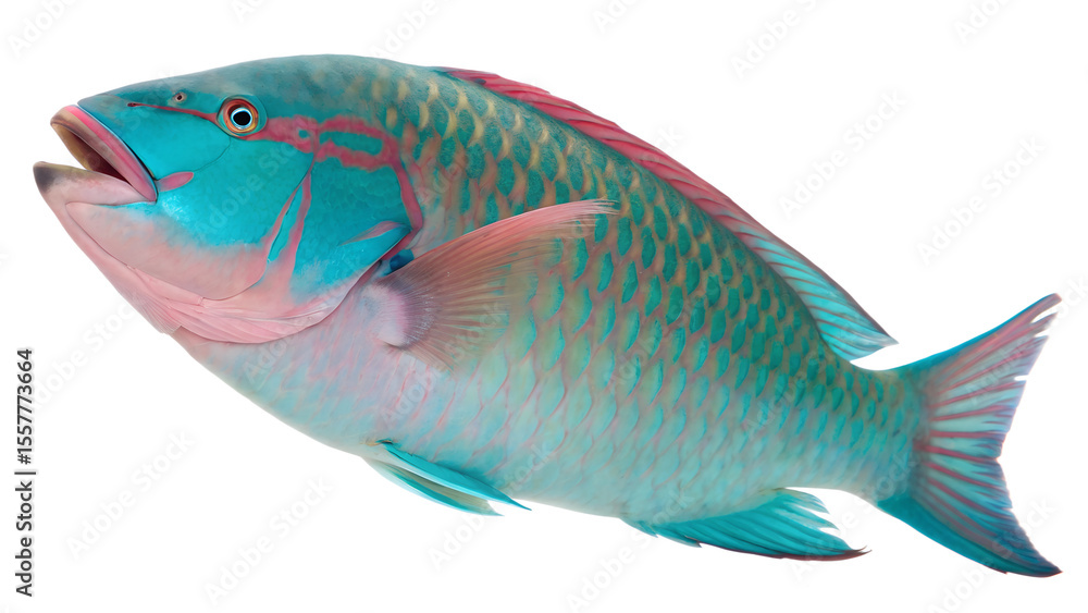 Fototapeta premium A vibrant parrotfish with a blue and green body, pink accents, and a distinctive shape. The fish is displayed against a transparent background.