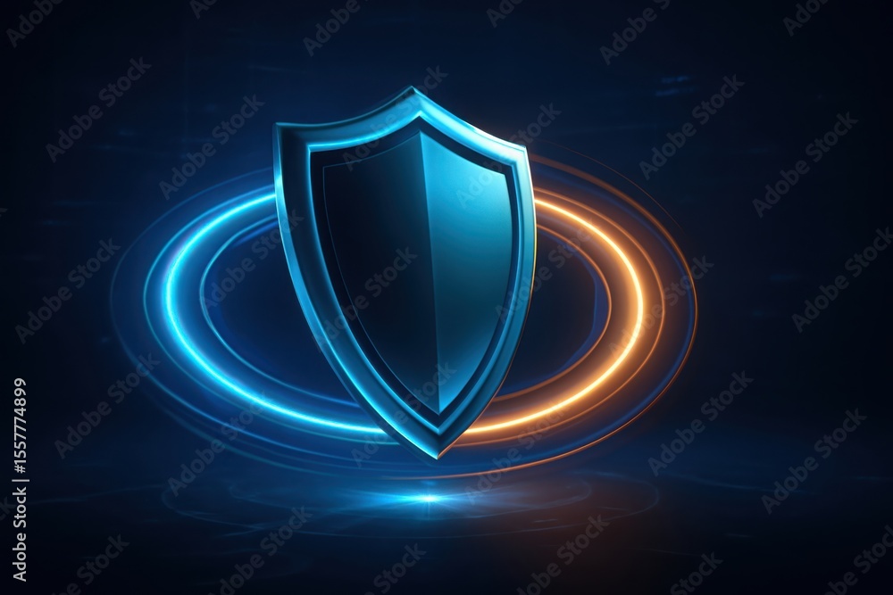 Fototapeta premium Futuristic digital shield with glowing blue and orange energy rings on a dark abstract background