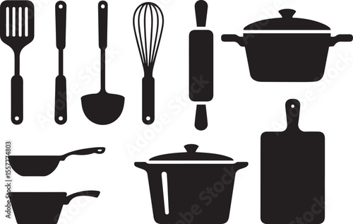 Set of kitchen utensils and cookware black and white silhouettes