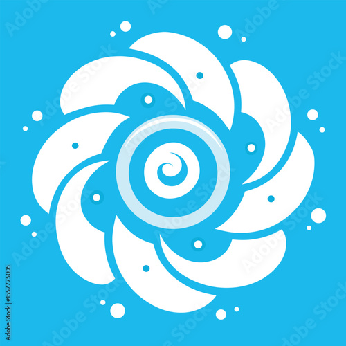 Abstract mandala design with swirling white shapes on a blue background