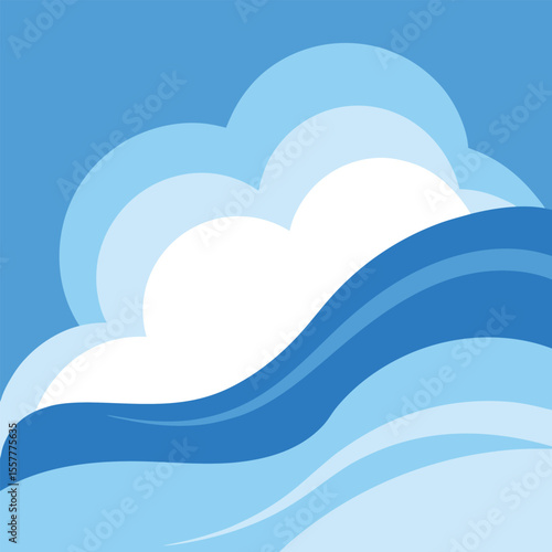 Vector art of cartoon cloud and waves against a blue sky