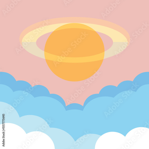 Vector art of cartoon planet above clouds against a pink sky