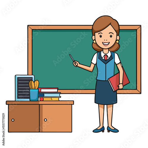 Cartoon Teacher Standing in Front of a Chalkboard with Books and a Desk Holding a Pointer and a Red Book