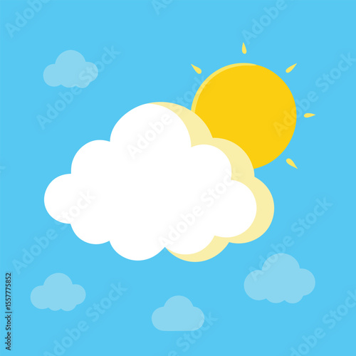 Vector art of cartoon sun shining brightly behind a fluffy white cloud in a blue sky