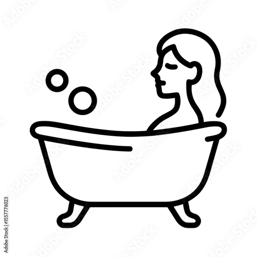 Woman relaxing in bathtub with bubbles in minimalist style  