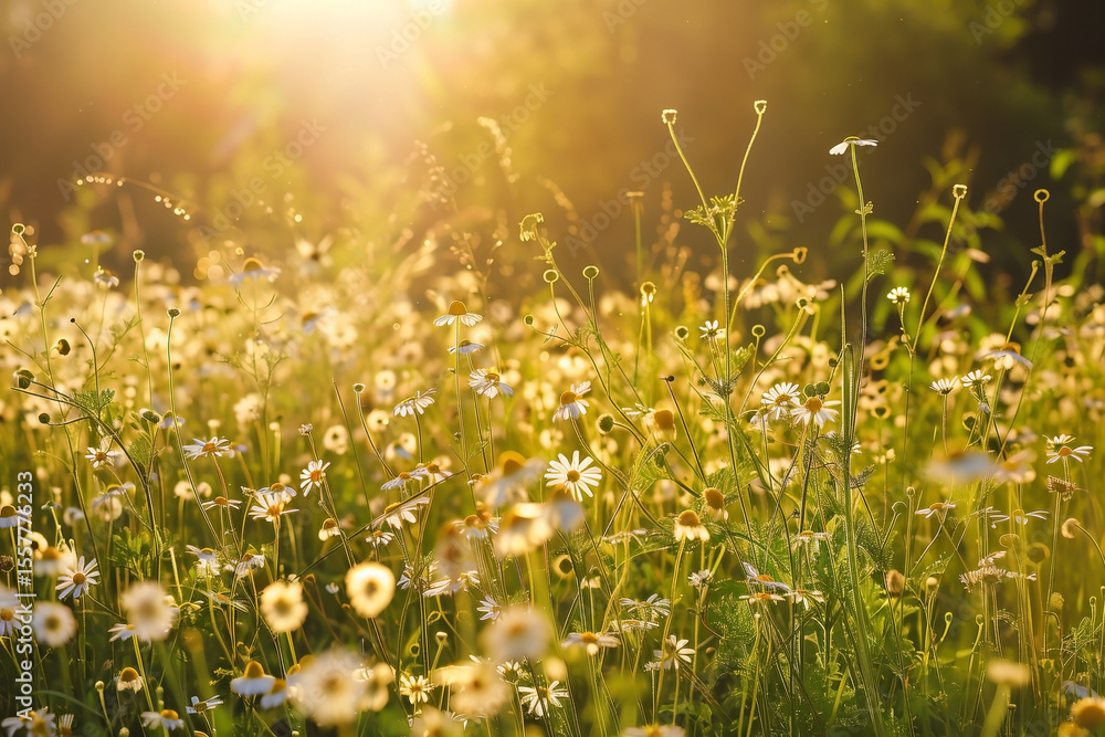 Fototapeta premium A sun-drenched meadow bursts with daisies, illuminated by a warm, golden light. The idyllic scene captures the essence of summer, evoking feelings of tranquility and connection with nature.