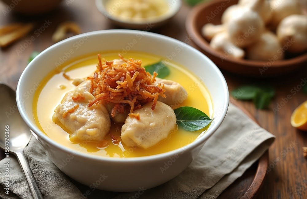 Opor ayam, Indonesian chicken curry in coconut milk. Popular Central Java dish served in white bowl. Meal with fresh herbs. Traditional cuisine for Eid al-Fitr celebration. Opor ayam, Indonesian chicken curry in coconut milk. Popular Central Java dish served in white bowl. Meal with fresh herbs. Traditional cuisine for Eid al-Fitr celebration.