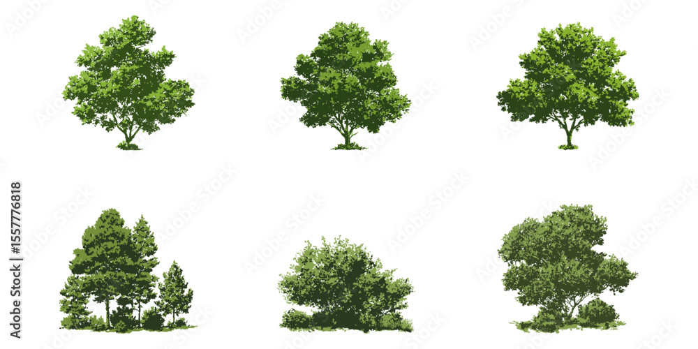 Fototapeta premium Green Trees And Shrubs Digital Vector Illustration Set. Landscape Architecture And Urban Design Collection. Isolated Botanical Elements