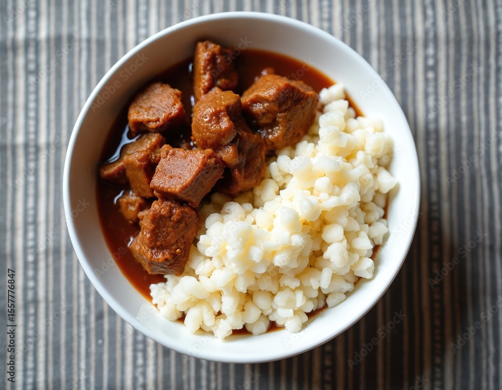 Traditional South African mogodu stew with pap. Chopped cow innards tripe served in a white bowl with a maize meal. Rustic homemade African food dish close-up on table. Culinary experience. Traditional South African mogodu stew with pap. Chopped cow innards tripe served in a white bowl with a maize meal. Rustic homemade African food dish close-up on table. Culinary experience.