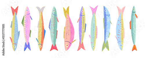Colorful funky crayon drawn decorative sardines. Cartoon stickers of fish. Bright doodle illustration with pencil cute texture. Kid drawn sardine, tuna, salmon, mackerel. Playful portugal fish.