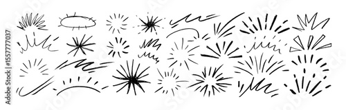 Doodle sunburst, movement icons, comic expression elements. Crayon drawn sketch doodle explosive element. Cute emphasis expressions. Graphic sun beams, stars and fireworks. Bursting rays line icon set