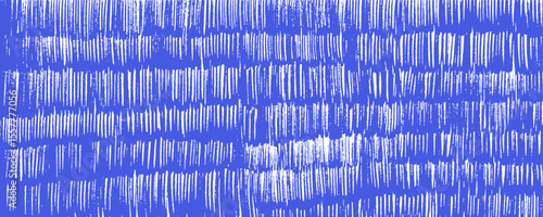Crayon drawn vertical short lines texture. Blue or ultramarine crosshatch background with vertical strokes. Childish scribbles background. Colorful crayon rough texture. Sketch vector illustration.
