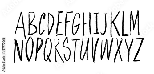Grunge charcoal English alphabet. Crayon drawn doodle kids font with freehand pencil texture.