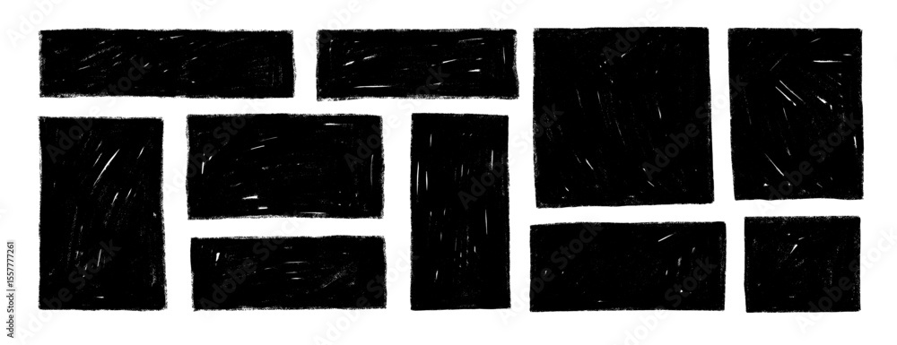Graphic square and rectangle text boxes with rough crayon texture. Black grunge frames, hand drawn rough texture banners.
