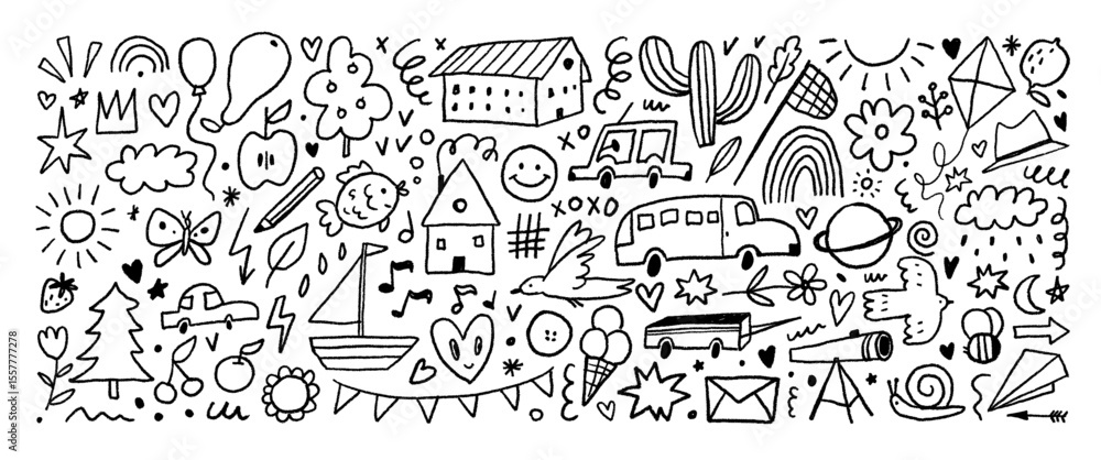 Fototapeta premium Crayon drawn cute kid doodle set. Hand drawn naive doodle illustrations. Funky shapes, childish icons such cars, butterfly, fish, birds, smile and clouds. Kid decorative vector illustrations.