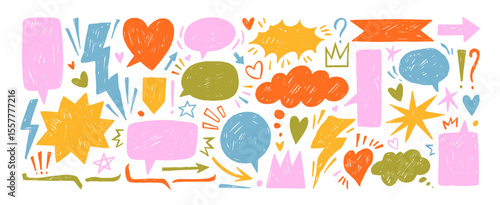 Colorful childish speech bubbles and doodle icons drawn with crayon. Comic talk balloon vector set.