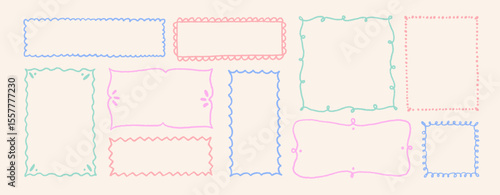 Pastel colored doodle crayon drawn whimsical frames with spiral, wavy lines, zigzag and dots. Line art cute childish funky frames. Cute pencil drawn blank rectangles. Emphasis rectangular shapes.