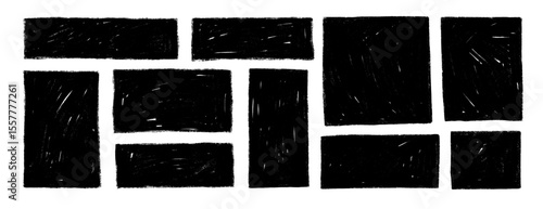 Graphic square and rectangle text boxes with rough crayon texture. Black grunge frames, hand drawn rough texture banners.