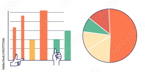 Illustration showing a bar graph with hands and a pie chart with various segments on a white background created with generated ai