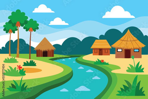 Cartoon Village Landscape with Thatched Huts, River, Trees, and Cloudy Sky Background