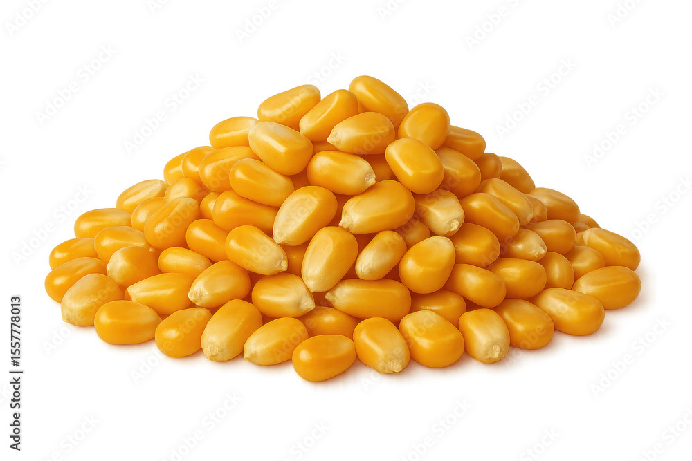 Fototapeta premium Corn kernels stacked in pyramidal formation, showcasing geometric arrangement against transparent backdrop, highlighting agricultural bounty