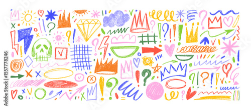 Colorful childish crayon drawn doodles and scribbles. Pencil vector kid drawings, funky question marks and exclamation points, crowns, arrows, underlines. Graffiti doodle punk and girly shapes.