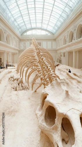 Massive dinosaur skeleton displayed in a grand hall.