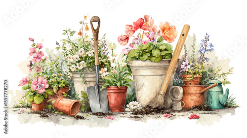 Gardening tools and blooming flowers in pots bring a vibrant touch of spring to the home