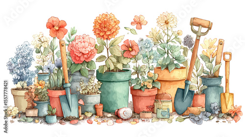 Gardening tools in a spring garden with blooming flowers and plants in pots