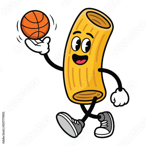Funny cartoon rigatoni pasta character playing basketball with enthusiastic expression