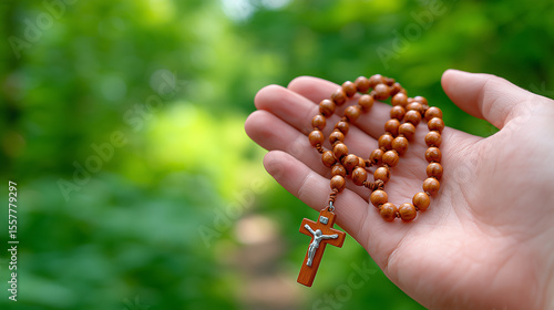 Wooden rosary beads with cross in hand, close-up religious objects in nature background