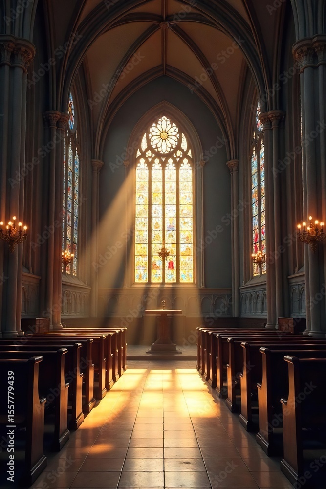 Fototapeta premium Serene Church Interior Soft Light, Stained Glass, Peaceful Prayer and Contemplation