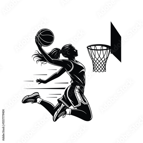 Silhouette of a female basketball player jumping and dunking with a ball in the air
