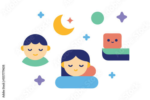 Bedtime routine cartoon icon set with sleepy kids colorful Vector illustration