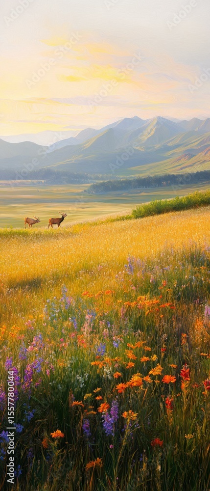Obraz premium Beautiful landscape of a field of wildflowers with mountains in the background. the field is filled with a variety of colorful flowers in shades of orange, yellow, pink, purple, and blue.