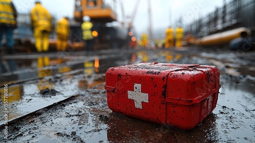 First aid kit on a muddy construction site.
