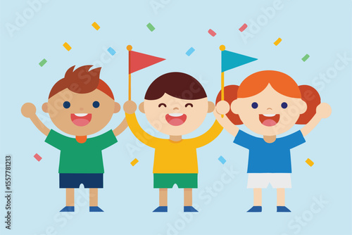 Smiling cartoon children, a group of friends, illustrate the fun and love of childhood