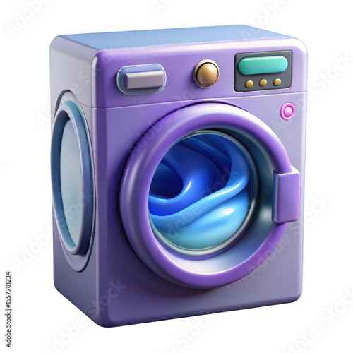 Modern purple washing machine with swirling blue water isolated on transparent background