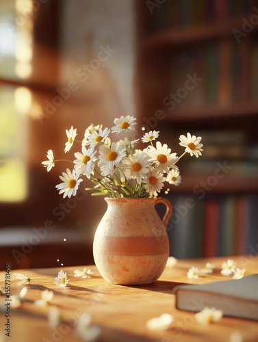 Vase with a bunch of white daisies in it on a wooden table. the vase is made of clay and has a handle on one side. the flowers are in full bloom and are scattered around the table.