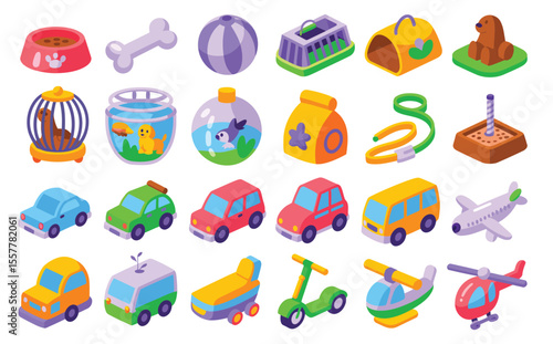 Isometric pet accessories and colorful toy vehicles collection for kids and animal lovers with essential pet care items and transport toys