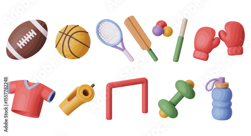 Minimalist black icon set of popular sports and fitness gear including football, basketball, cricket bat, boxing gloves, dumbbell