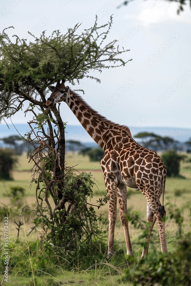 Fototapeta premium A tall giraffe stands gracefully amidst the savanna, its long neck reaching up to graze on the fresh green foliage of a tree. The vast expanse of the landscape adds depth to the scene.