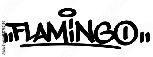 Flamingo graffiti tag in black hand-drawn style. A stylish and quirky bird design with urban street vibes, perfect for modern fashion and tropical themes.